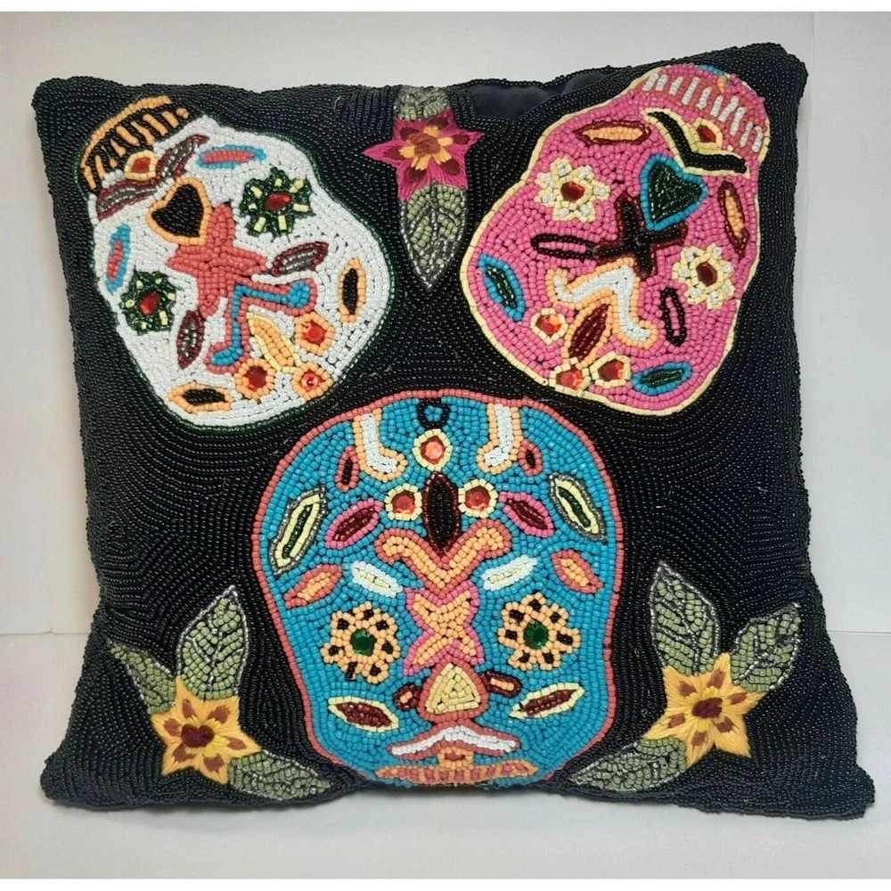 PIER 1 Beaded Sugar Skull DAY OF THE DEAD Halloween VIBRANT Colors Pillow 13x13